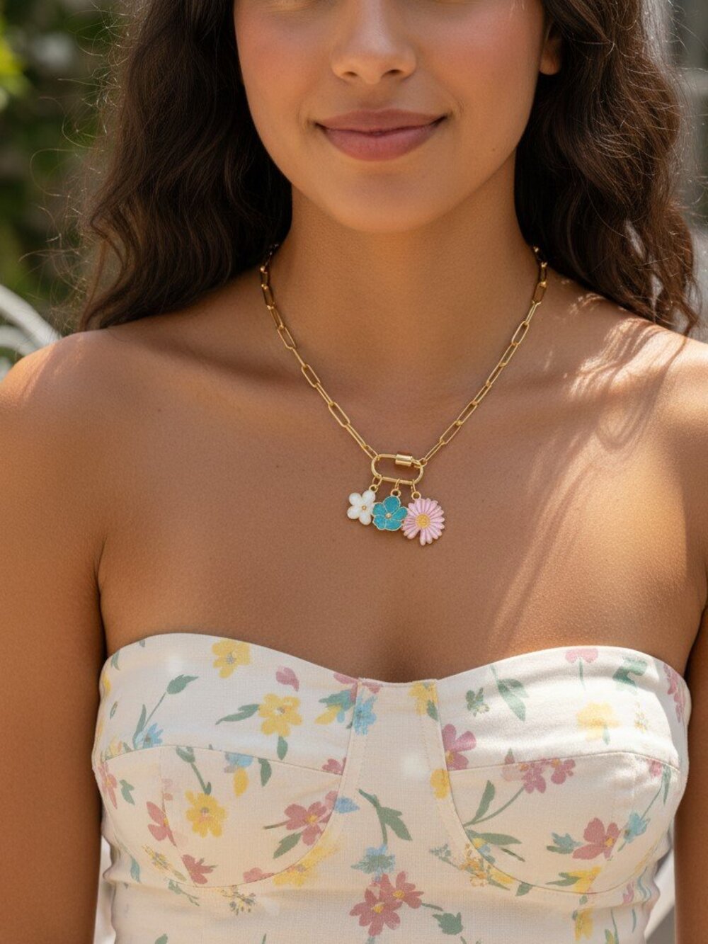 Paperclip Carabiner Charm Gold Necklace with Daisy`s and Shell Charms